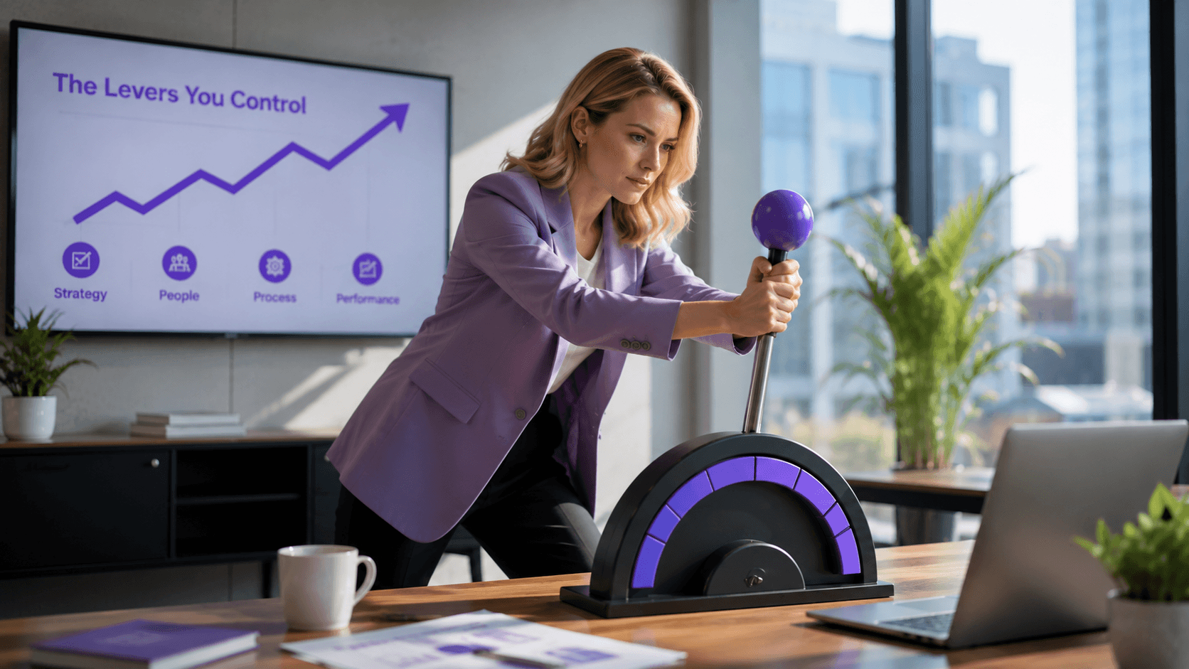 Insurance broker pulling a lever beside a rising performance chart in an Australian brokerage office — the profitability levers you control, Callyx.ai