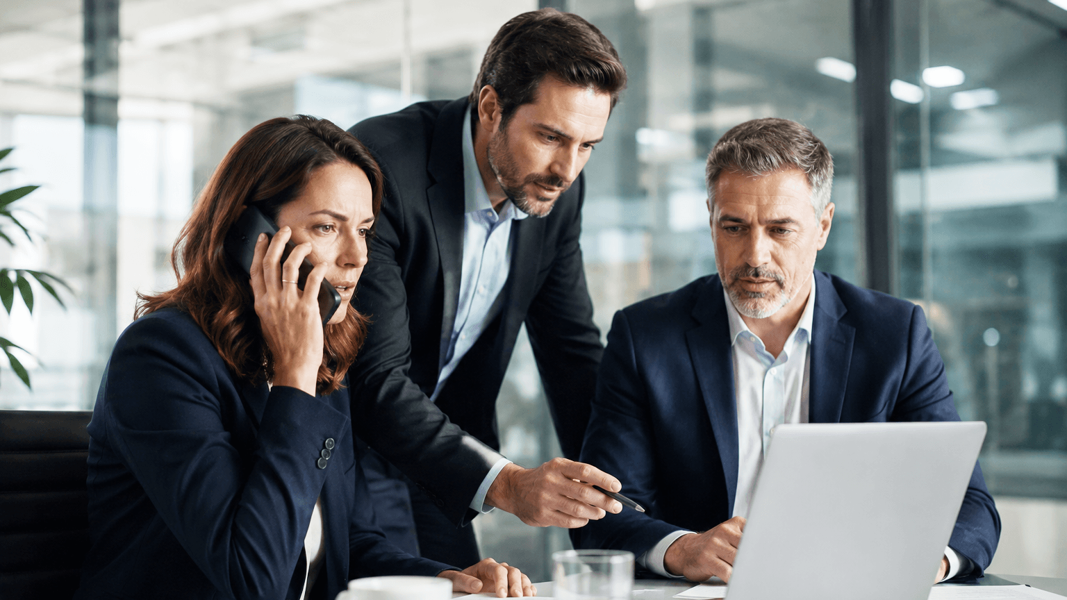 An insurance broker on a phone call while two colleagues review compliance data on a laptop