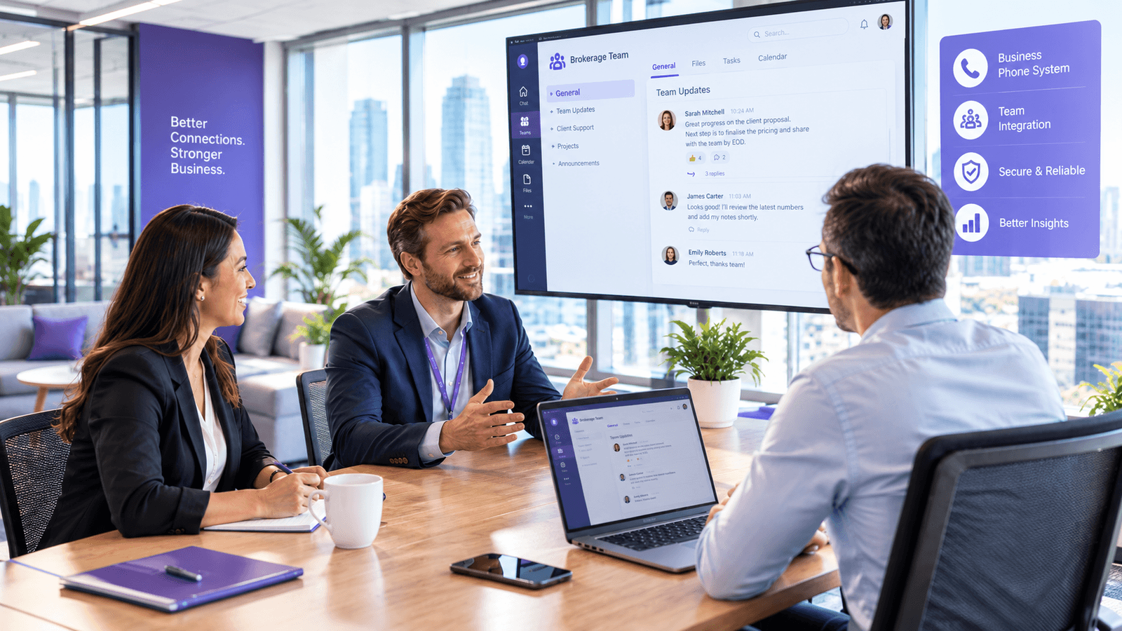 Brokerage team in a meeting room using a Microsoft Teams-style collaboration screen for client calls, beside a panel reading Business Phone System, Team Integration, Secure and Reliable, and Better Insights