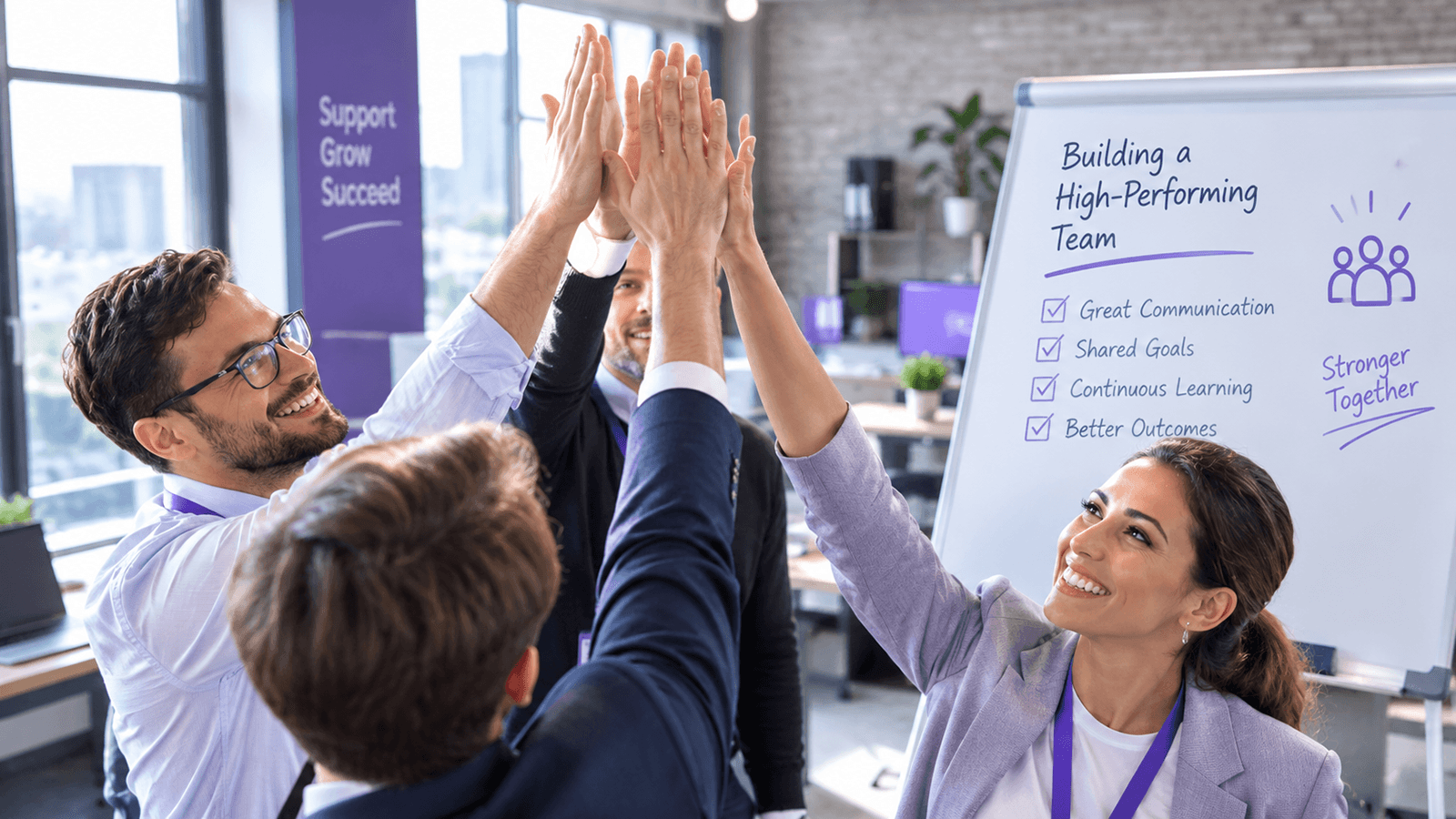 A brokerage team high-fiving around a whiteboard headed Building a High-Performing Team, listing great communication, shared goals, continuous learning and better outcomes