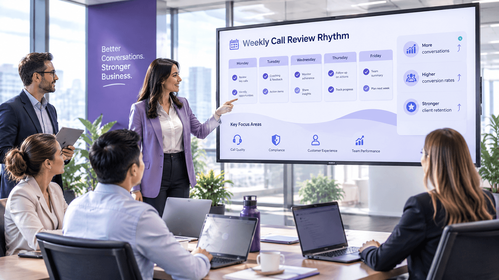 A brokerage team in a boardroom reviewing a Weekly Call Review Rhythm board on screen, showing a Monday-to-Friday review cadence and key focus areas of call quality, compliance, customer experience and team performance