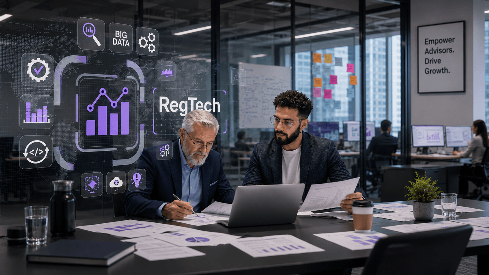 Two financial services professionals reviewing compliance data alongside a RegTech analytics interface in a brokerage office