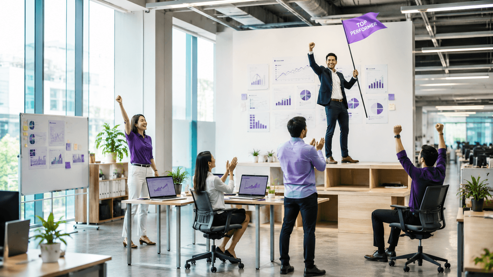 A brokerage team celebrating a top performer holding a Top Performer flag in front of a wall of call performance charts