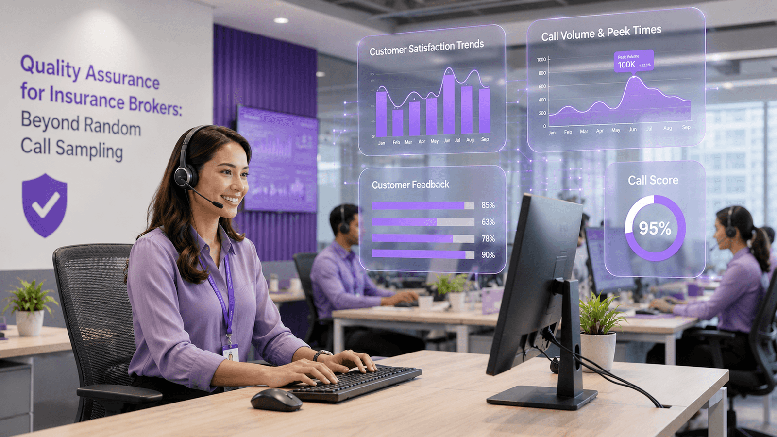 An insurance broker on a headset at her desk, surrounded by floating call quality dashboards showing satisfaction trends, call volume and a 95% call score