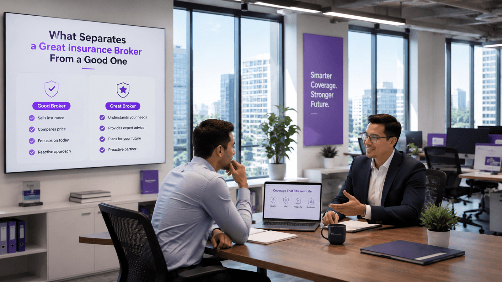 Two insurance brokers in conversation with a client at a brokerage office desk