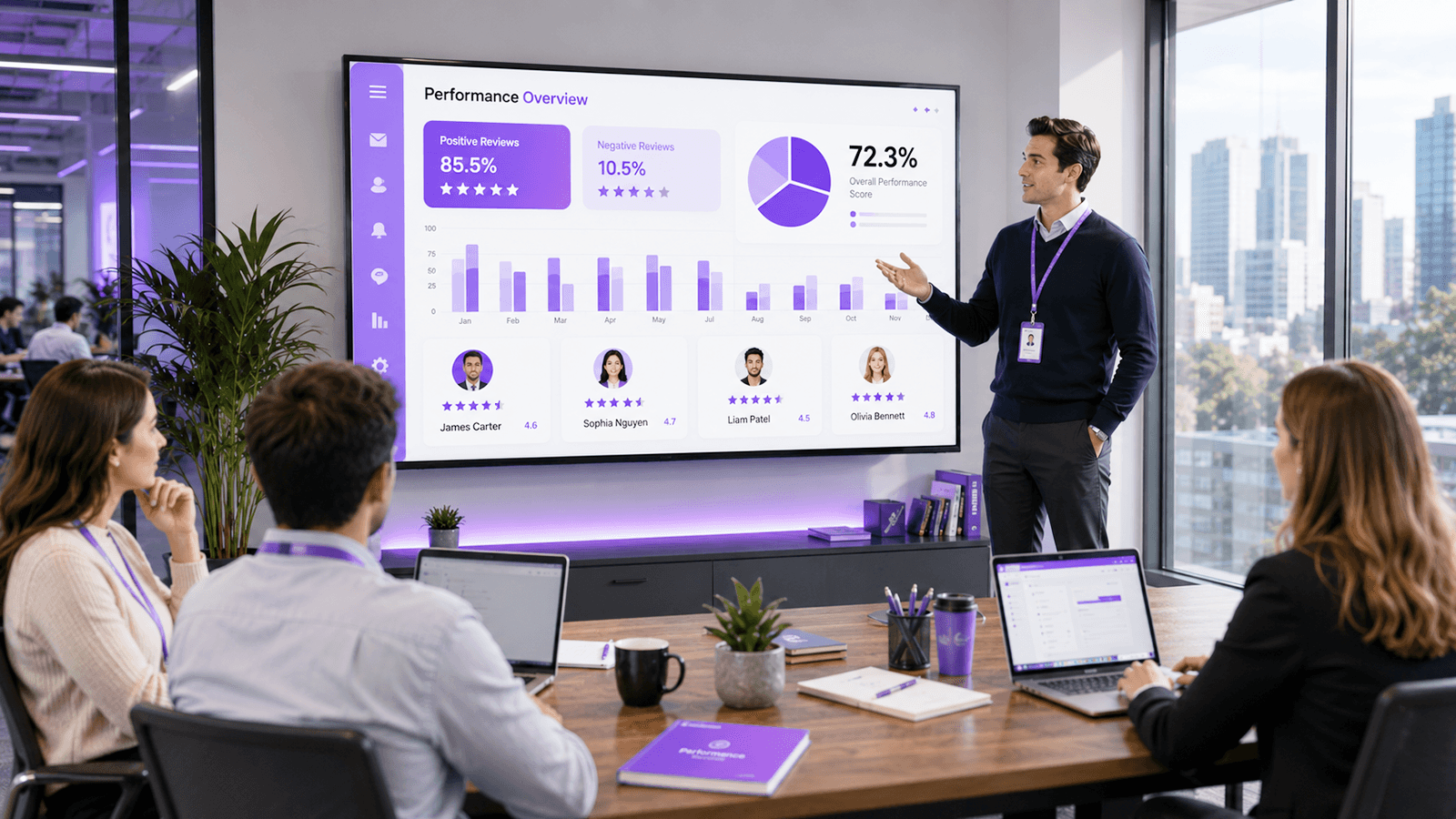 A manager and a broker reviewing performance data together on a laptop