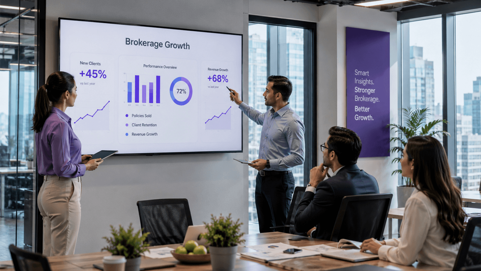 Two brokers presenting a brokerage growth dashboard to colleagues in an Australian office — keeping visibility as the team grows, Callyx.ai