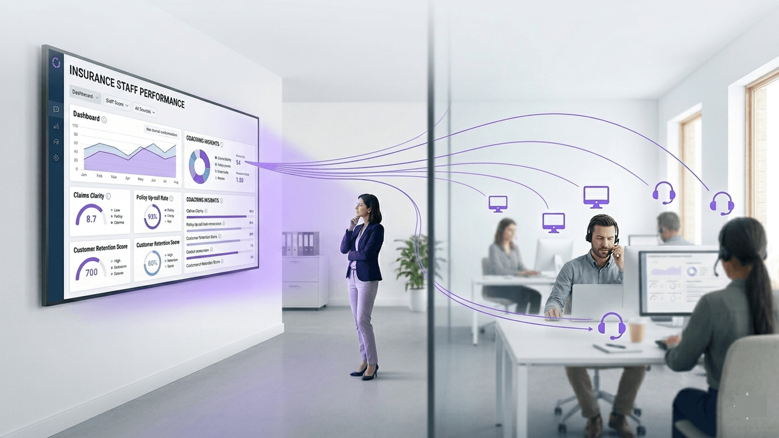 A brokerage team leader reviewing call data to support a structured staff coaching programme — Callyx.ai