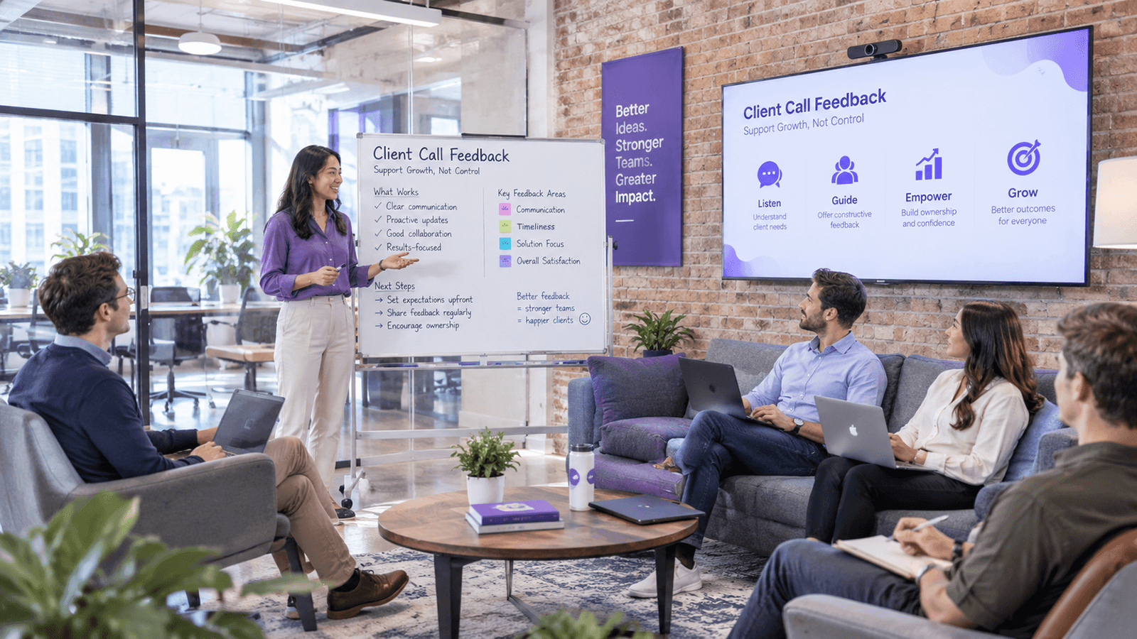 Team leader presenting a client call feedback framework to four brokers in an office lounge, with a whiteboard and screen showing key feedback areas