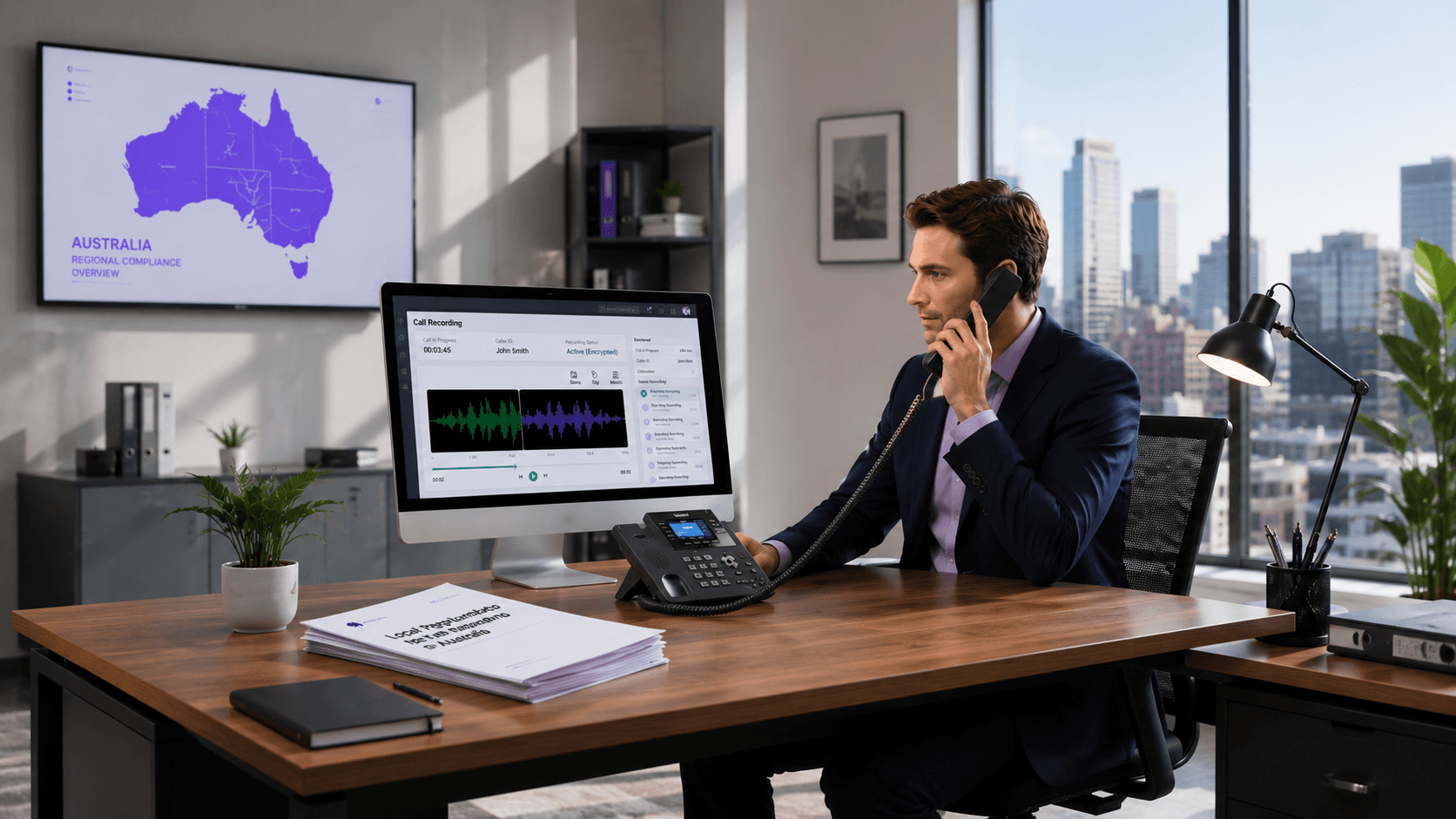 A broker on a call at a desk with a Callyx.ai call-recording dashboard and a map of Australian state compliance regions on screen