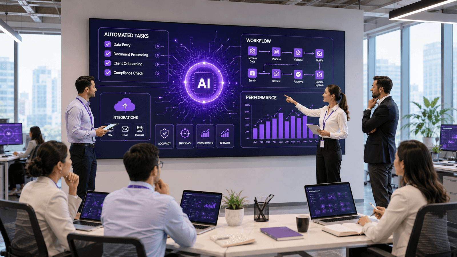 A brokerage team in a meeting room reviewing a large screen showing an AI workflow automation dashboard with automated tasks, process flow and performance charts