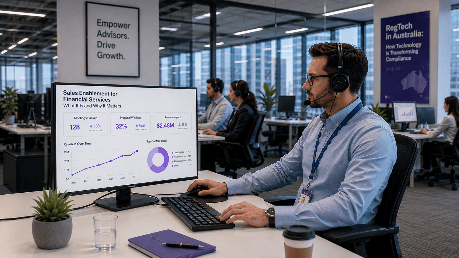 An insurance broker wearing a headset at a brokerage sales floor reviewing a sales enablement dashboard showing meetings booked, proposal win rate and revenue impact