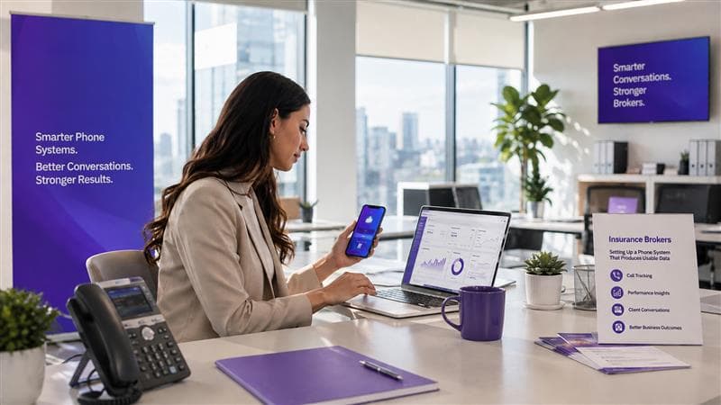 An insurance broker at a brokerage desk reviewing a call reporting dashboard on a laptop, with a VoIP desk phone and MaxoTel branding in the office background