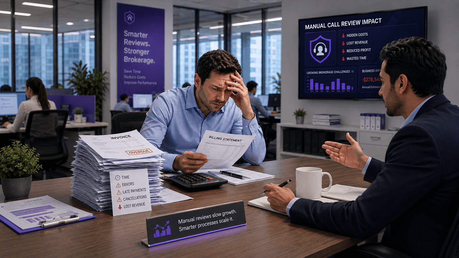A brokerage principal at a boardroom table buried in paperwork while a wall screen shows the hidden costs of manual call review: lost revenue, reduced profit and wasted time