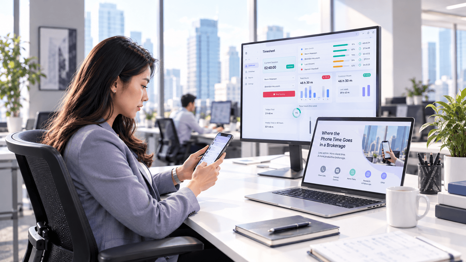 Insurance broker at her desk on a client call, with portfolio data and account details on screen alongside her