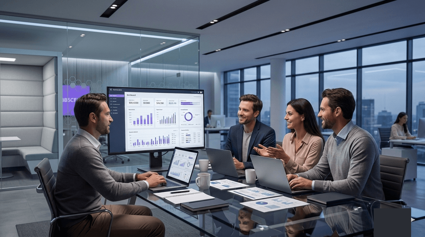 Brokerage team reviewing workflow data and performance dashboards in a modern Australian financial services office — Callyx.ai