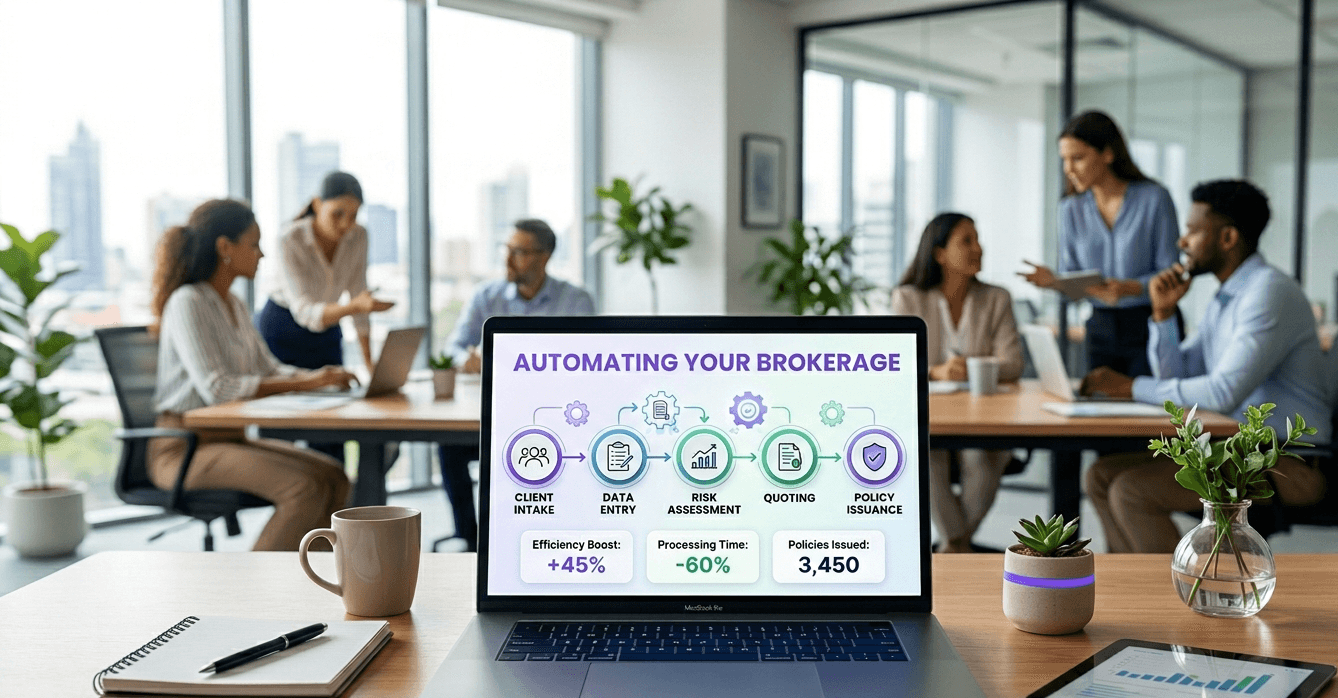Insurance broker reviewing automated workflow data on a laptop in a modern Australian brokerage office — Callyx.ai