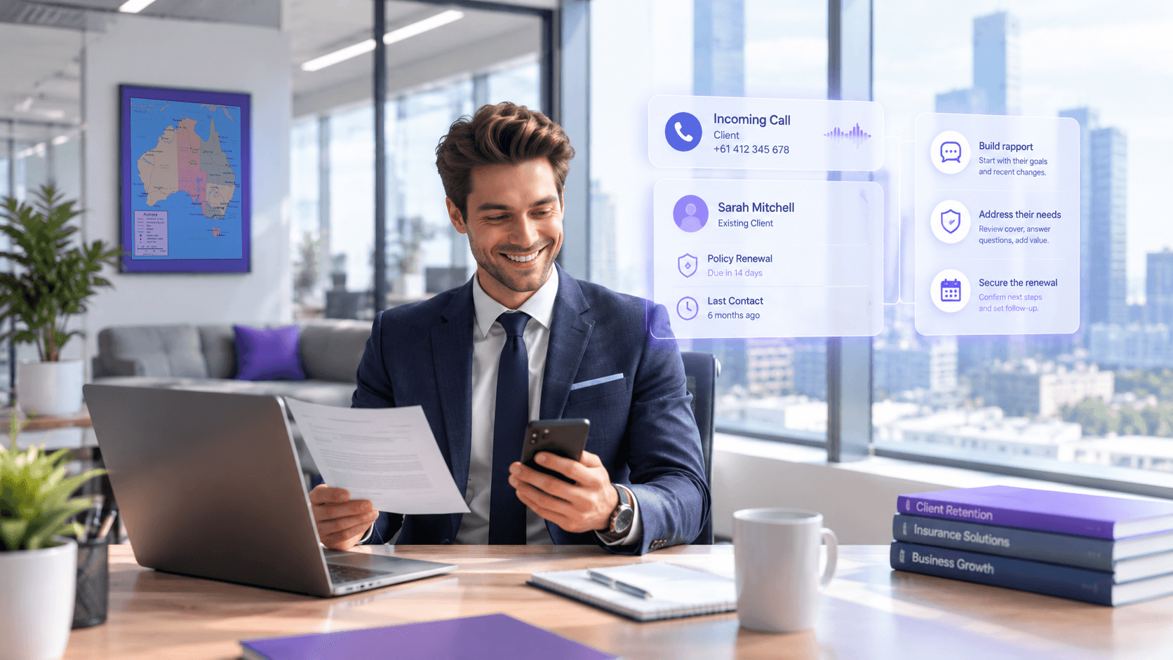 Insurance broker on a renewal call at his desk, with client policy renewal details and conversation prompts displayed alongside