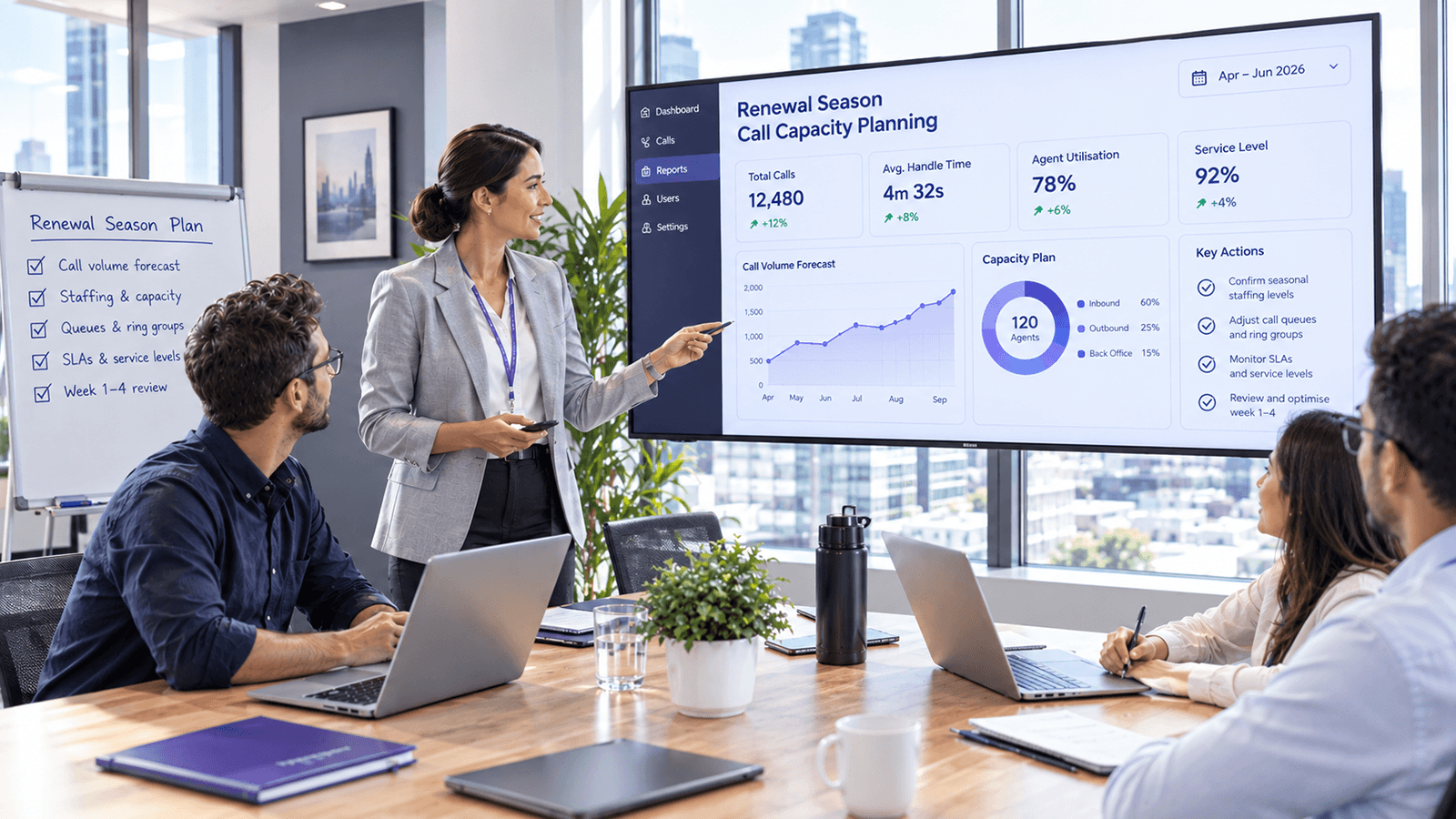A brokerage team reviewing a Renewal Season Call Capacity Planning dashboard on a boardroom screen, showing a call volume forecast, agent utilisation, service level and a capacity plan, beside a whiteboard renewal season plan